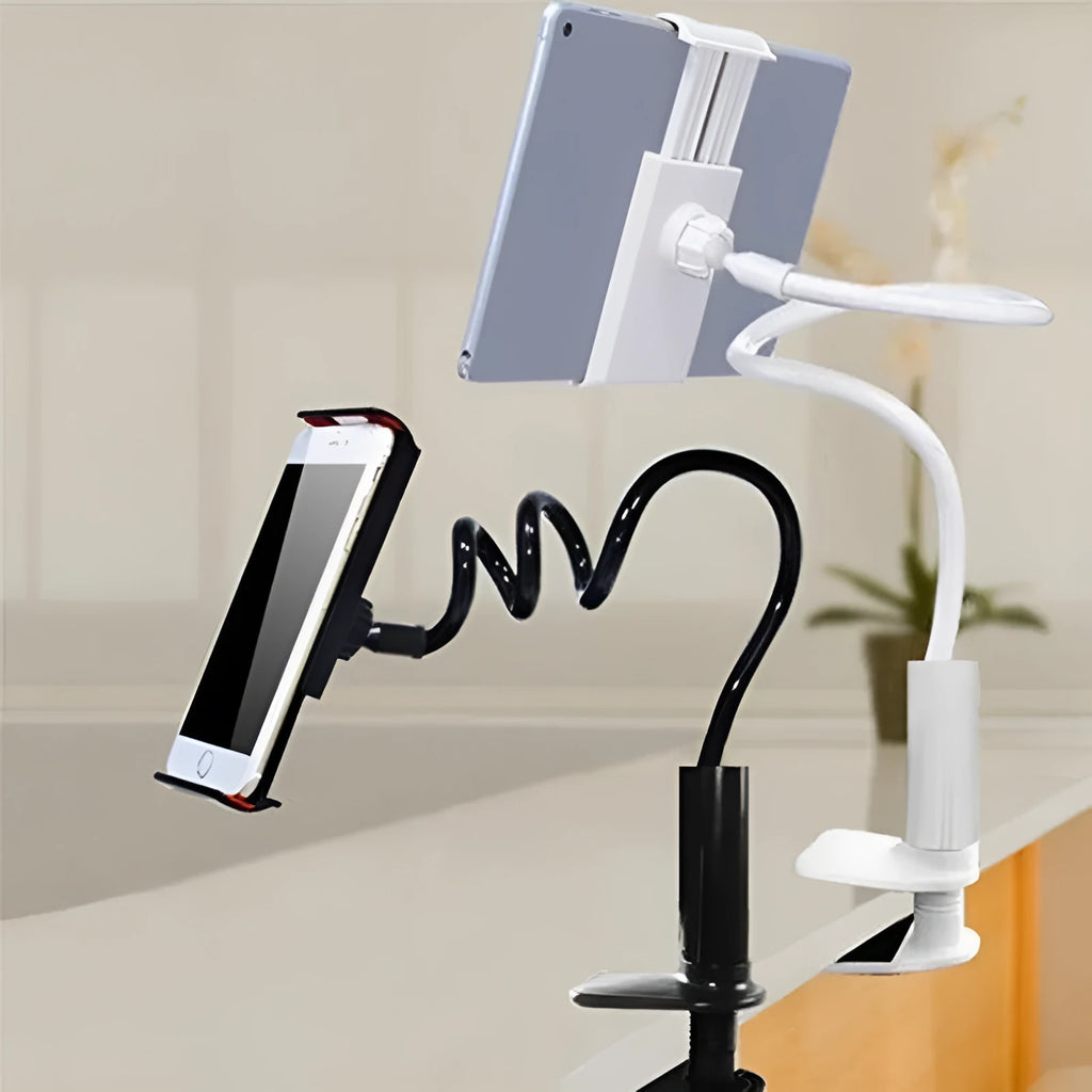 Flexible black phone and tablet mount holder with suction base and adjustable arm on a kitchen counter.