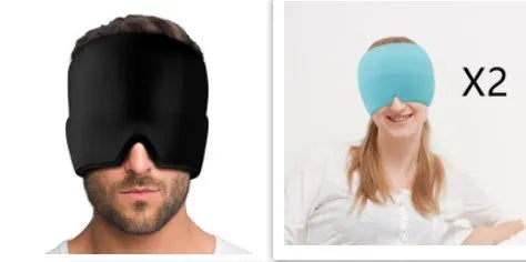 Cold therapy gel eye mask for headache relief in black colour on forehead