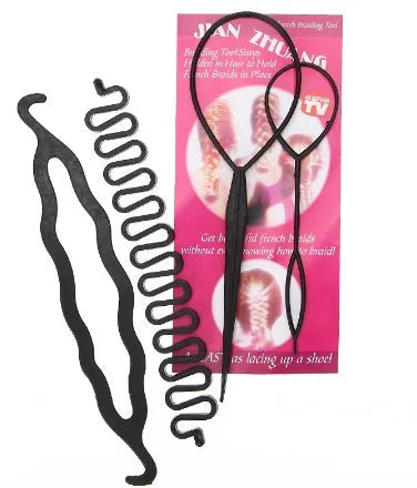 Set of three plastic hair styling tools: double hook needle, French braiding tool, and two pull hair needles on black background