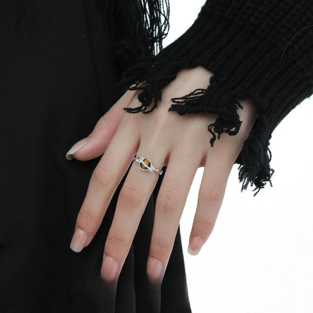 Women's adjustable Saturn tigereye open ring with electroplated white gold colour finish on silver