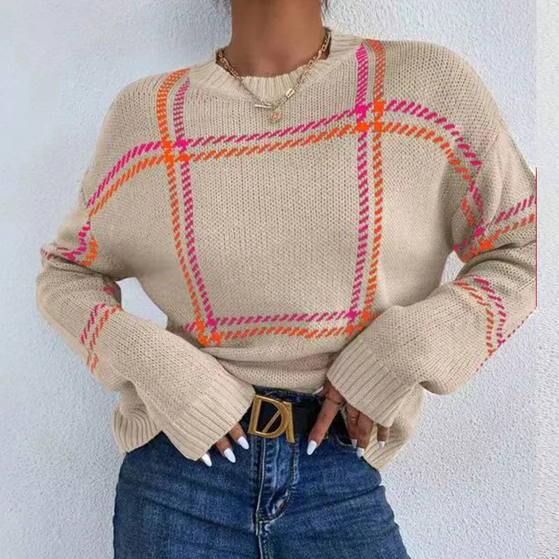 Women's loose casual plaid colour-block crew neck sweater with striped pattern