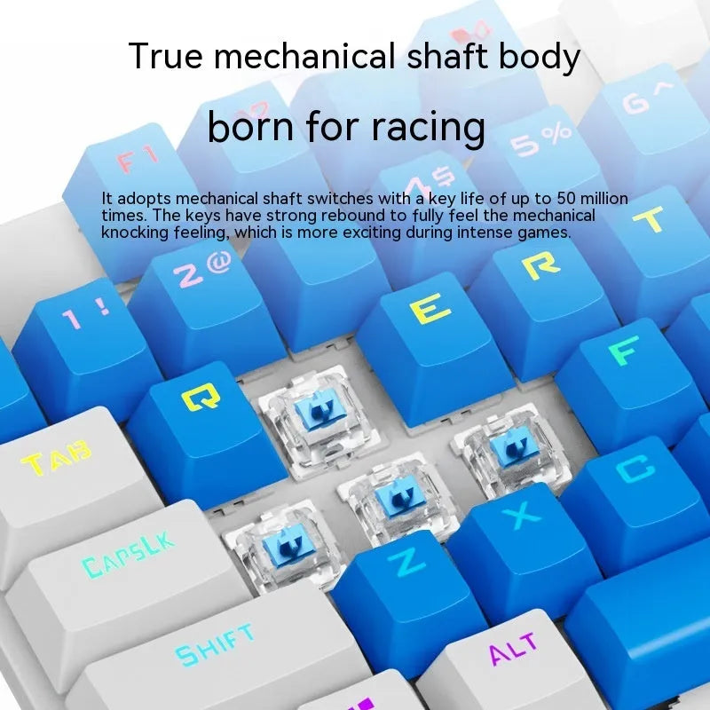 K87 mechanical wired keyboard with metal frame shown in blue white colour with green mechanical switches.