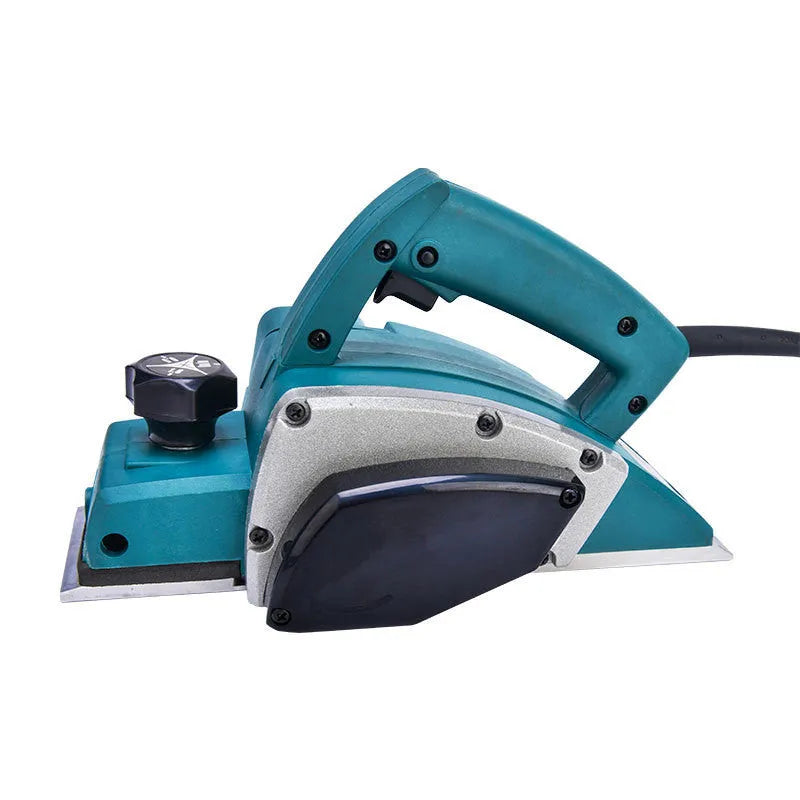 Red electric wood planer with aluminium body and 82mm planing width for household carpentry