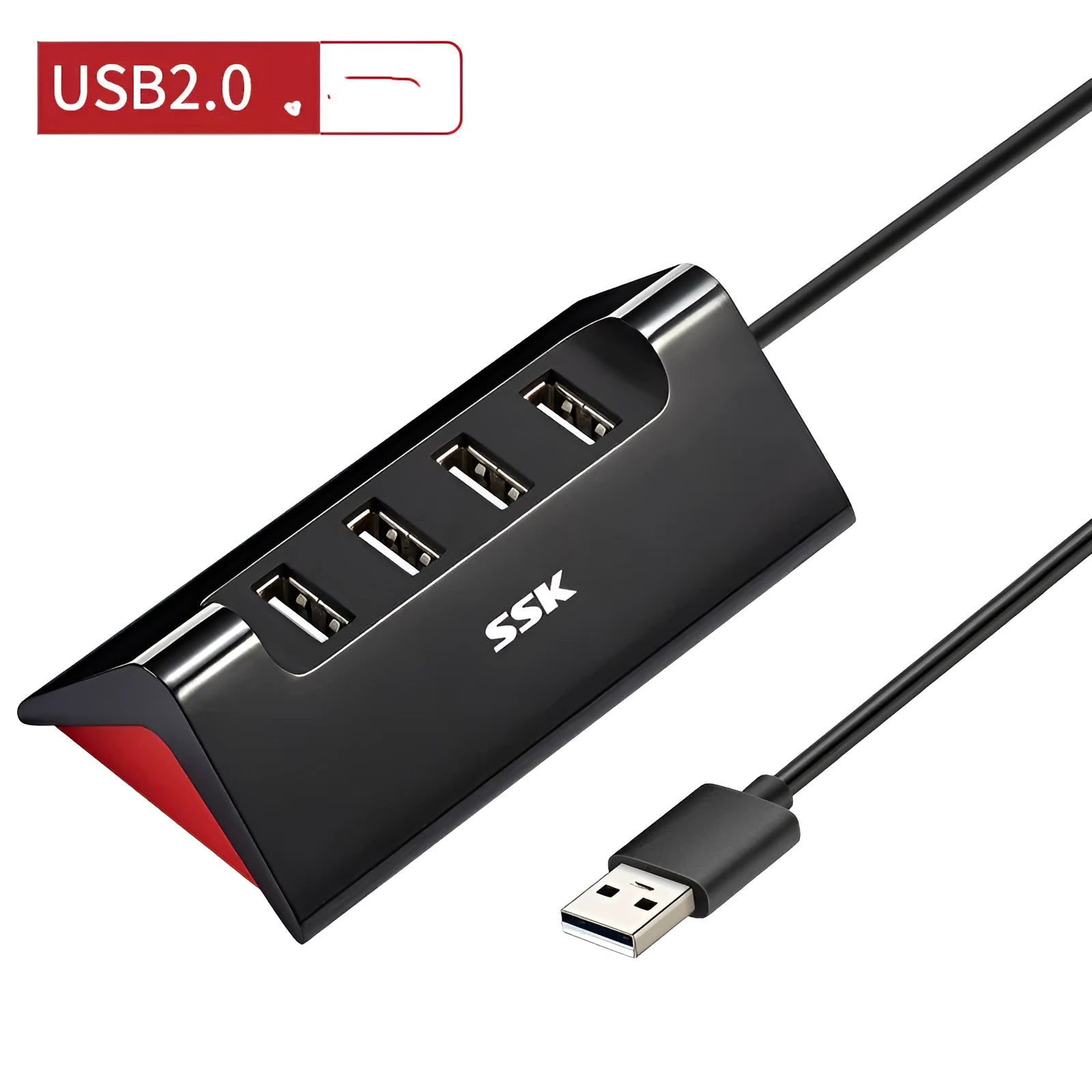 Black USB expansion hub with four ports showing USB 3.0 and USB 2.0 interfaces on ABS plastic casing