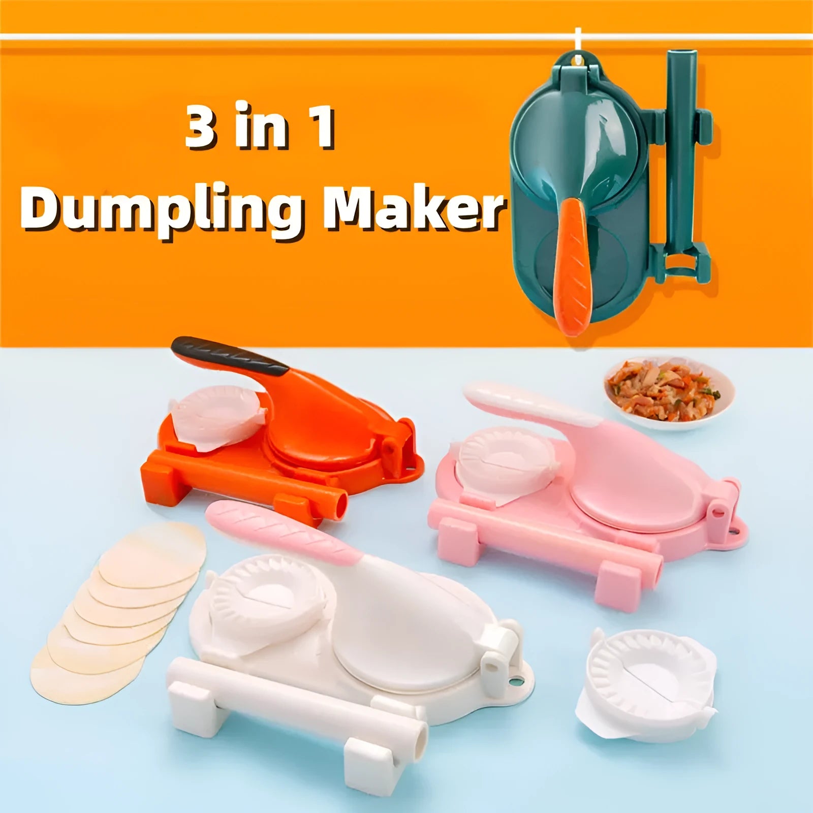 3 in 1 plastic dumpling maker with ergonomic handle and rolling pin in white on a table