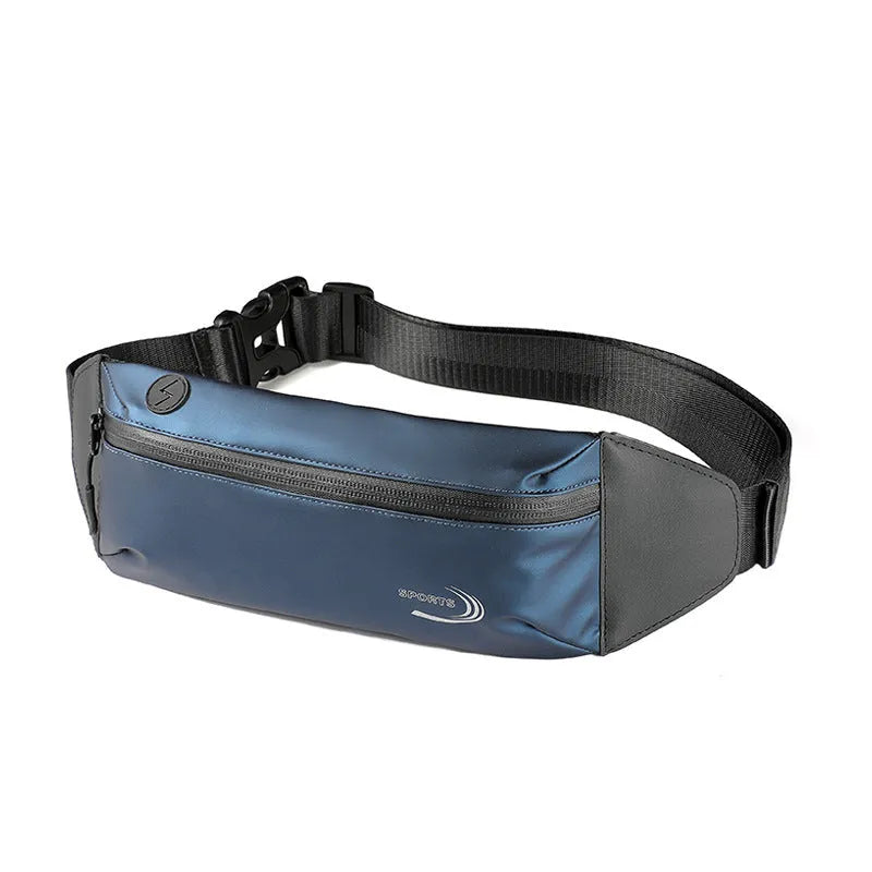 A man's waterproof polyester waist bag in a solid colour, shown with its compact dimensions.