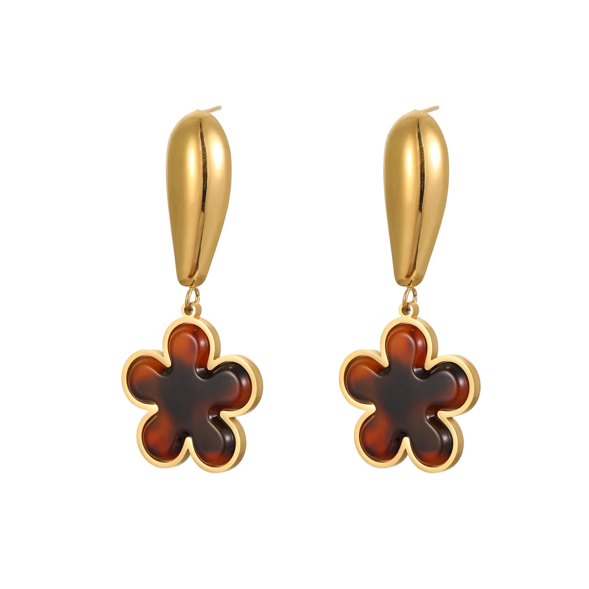 Tortoiseshell resin earrings with 18K gold electroplating in heart and flower geometric designs