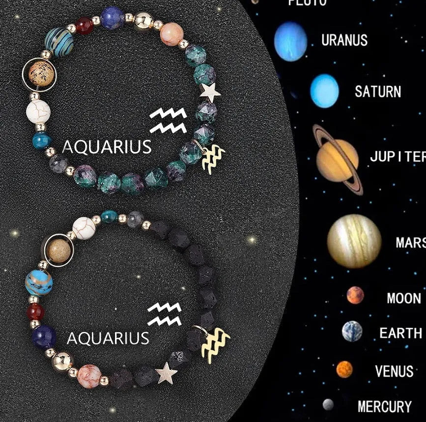 Set of two natural stone beaded bracelets showing zodiac sign designs on a cord.