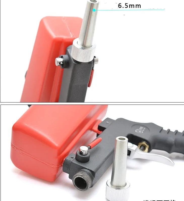 Portable blue pneumatic sandblasting gun with top-mounted tank for rust removal and surface preparation.
