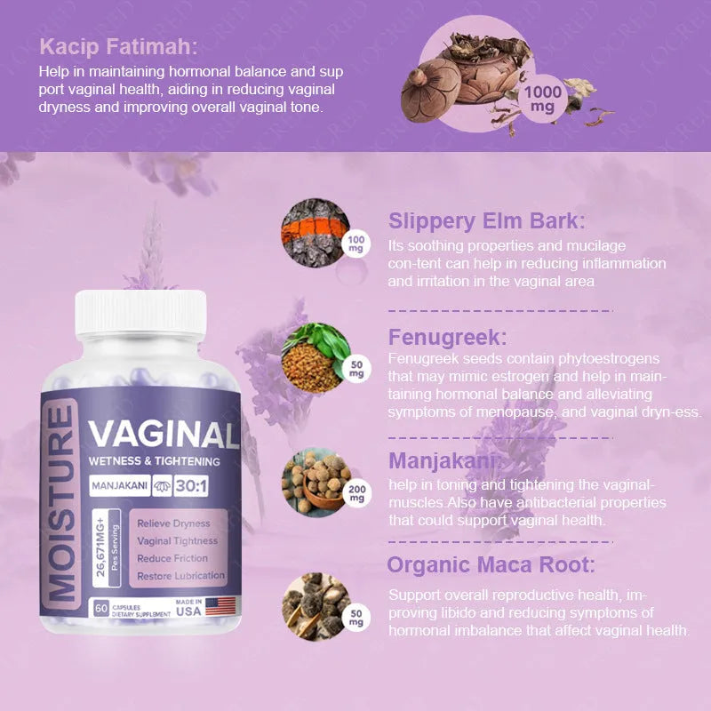 Bottle containing 60 vaginal capsules for adult use with extraction-formulated herbal supplement