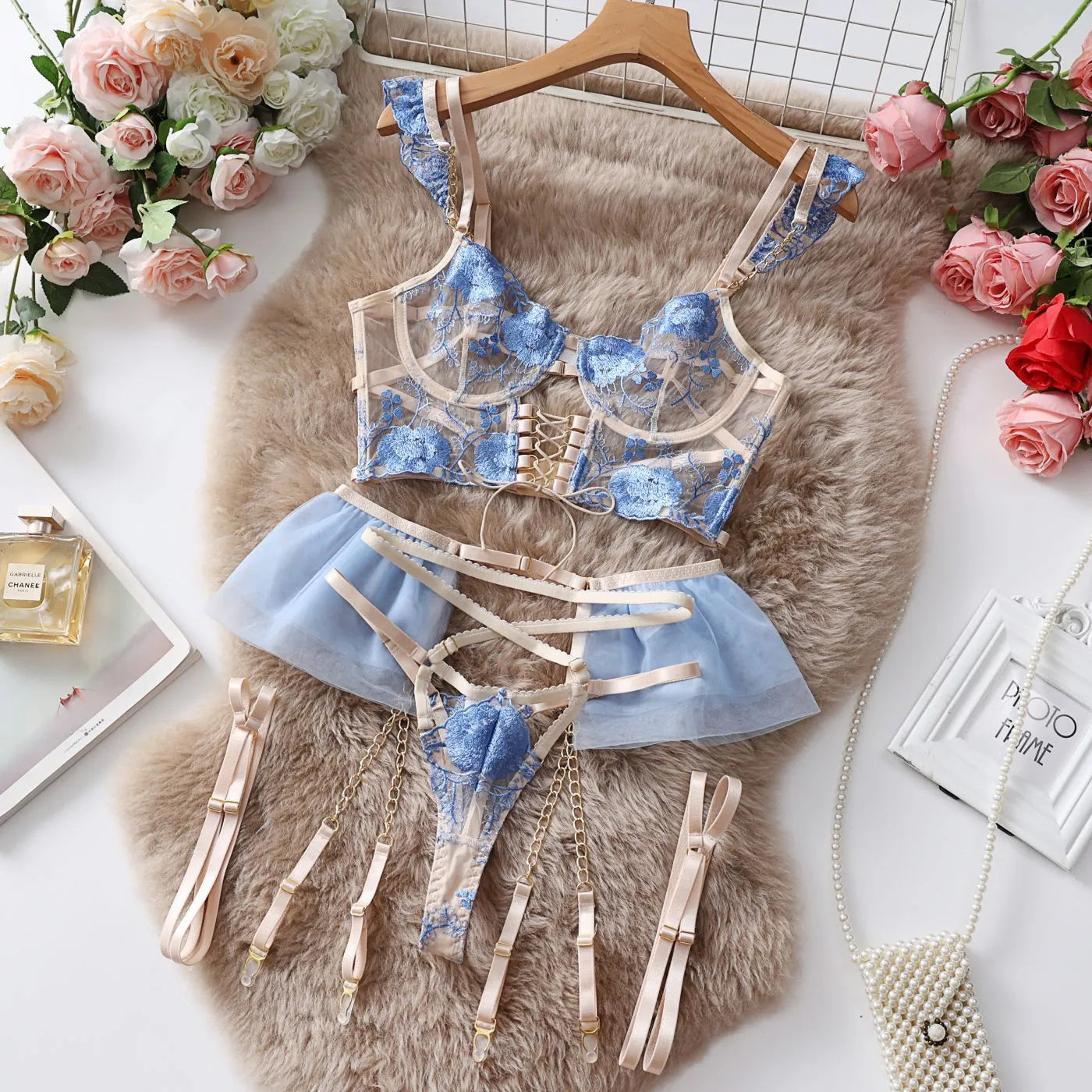Light blue embroidered transparent push-up bra and brief set with lace detailing