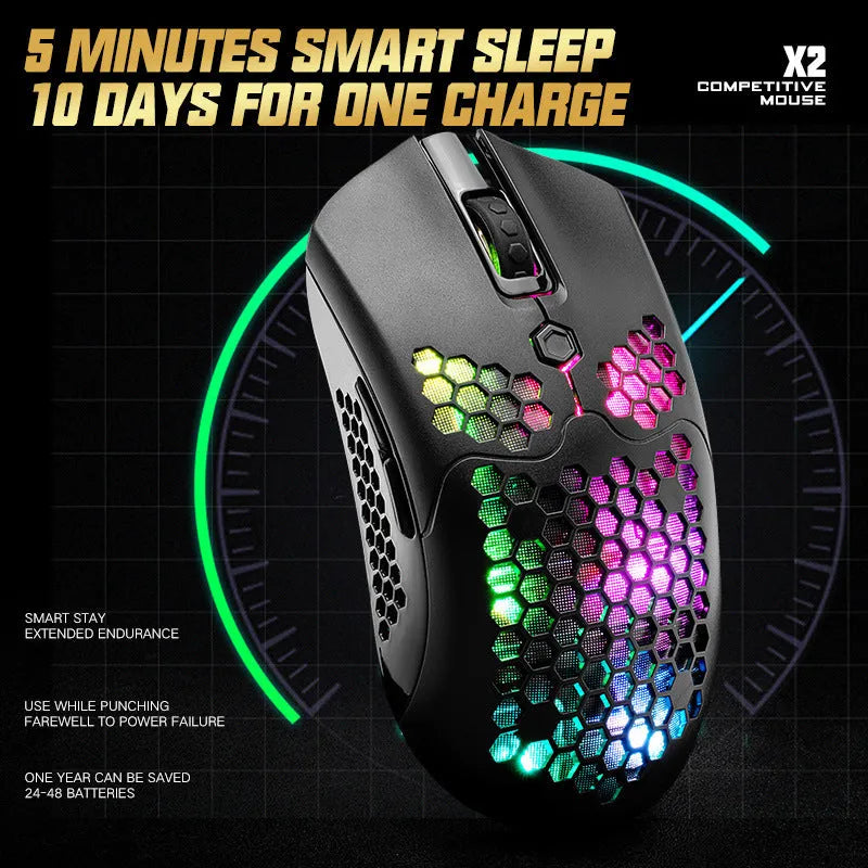 Free Wolf X2 wireless gaming mouse with RGB lighting shown in black, green, pink, white, and yellow colour variants.