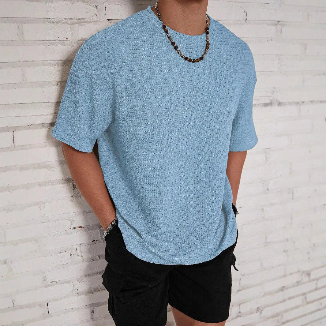 Men's loose fit round neck polyester t-shirt in light blue solid colour