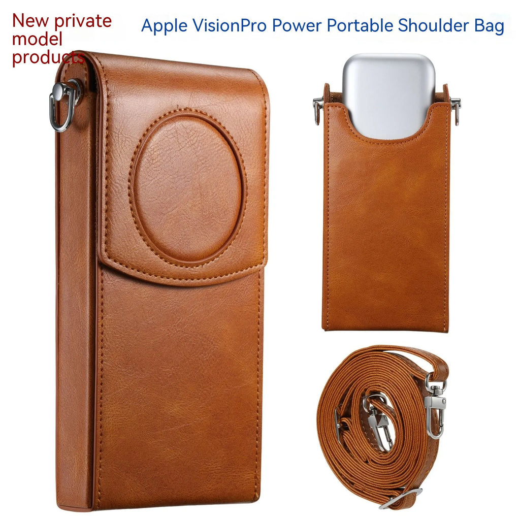 Brown leather storage bag for Apple Vision Pro power supply