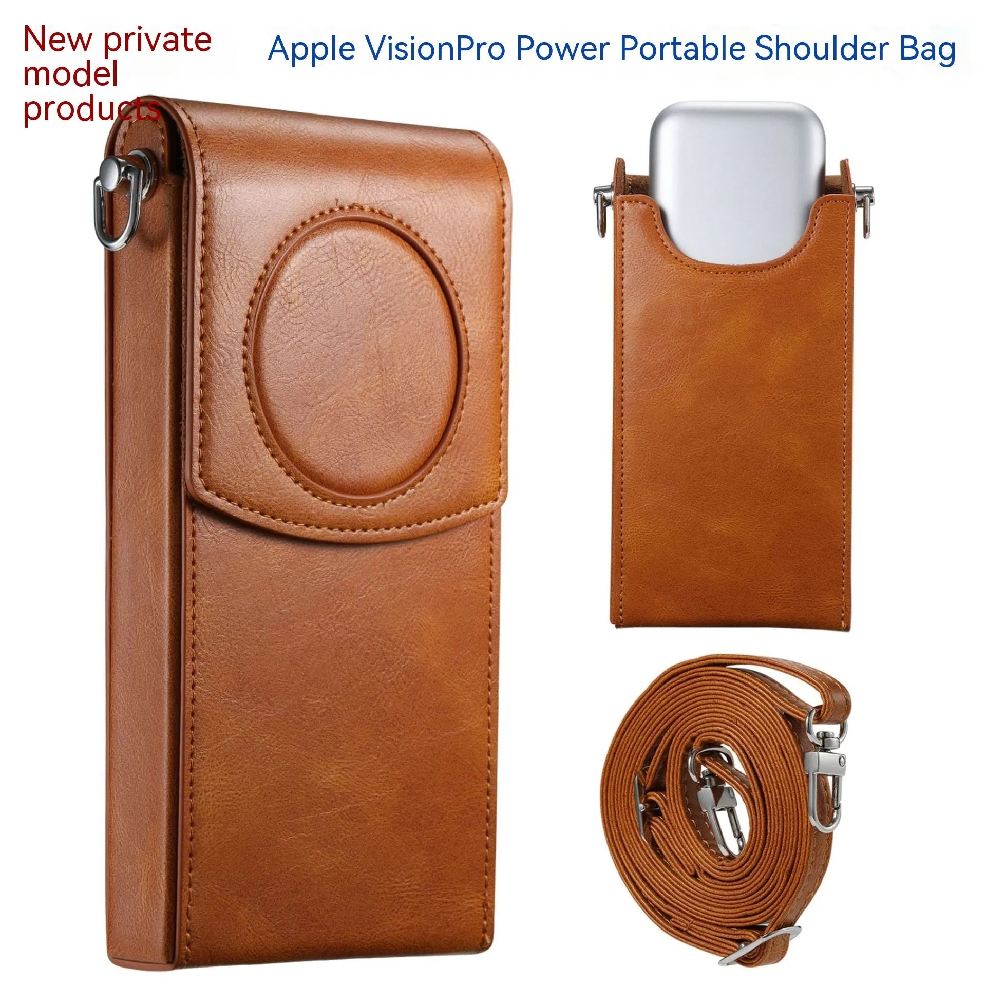 Brown leather storage bag for Apple Vision Pro power supply