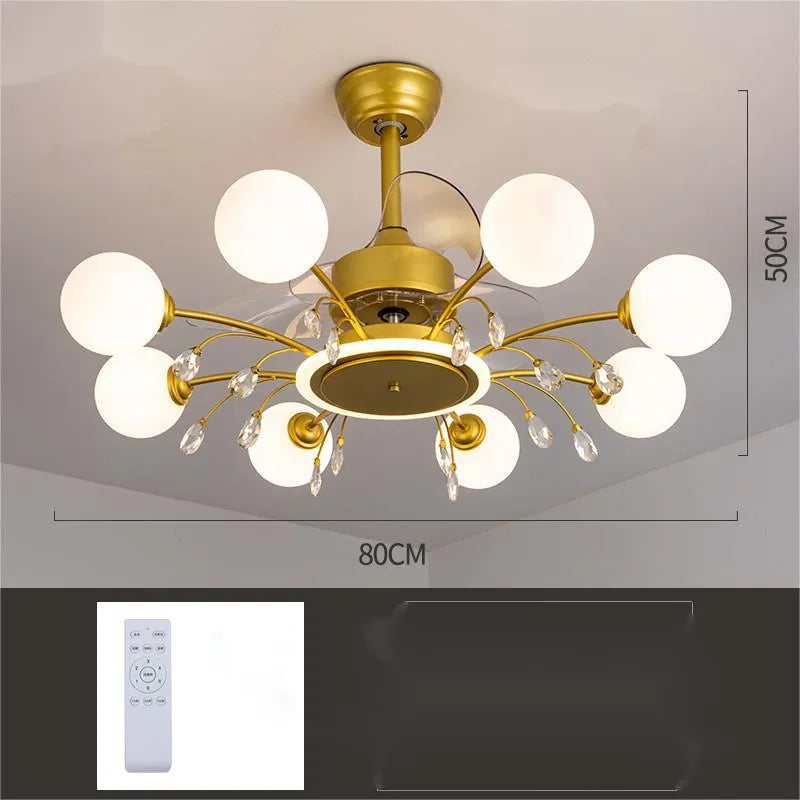 Modern black and gold ceiling fan chandelier with light bulbs and metal blades, remote control.