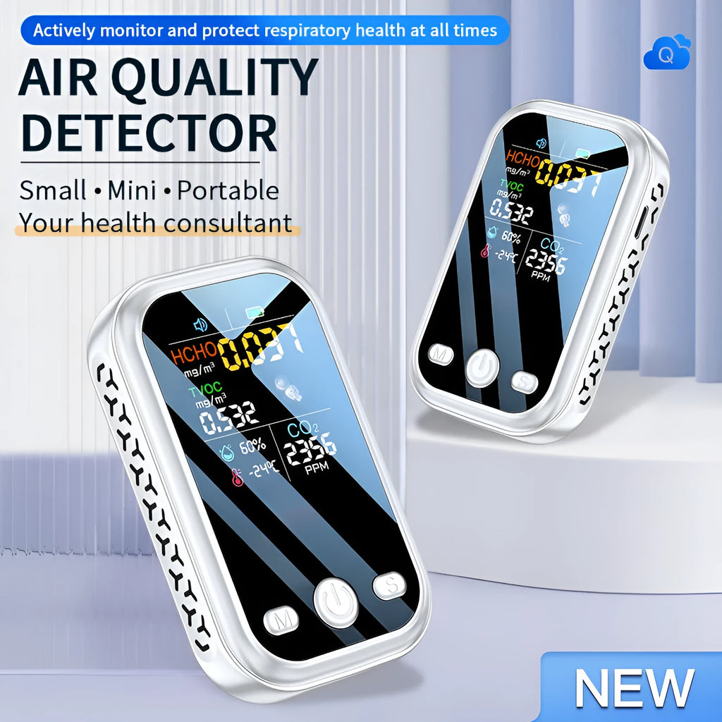 Compact handheld air quality detector measuring air quality, temperature, and humidity in black colour