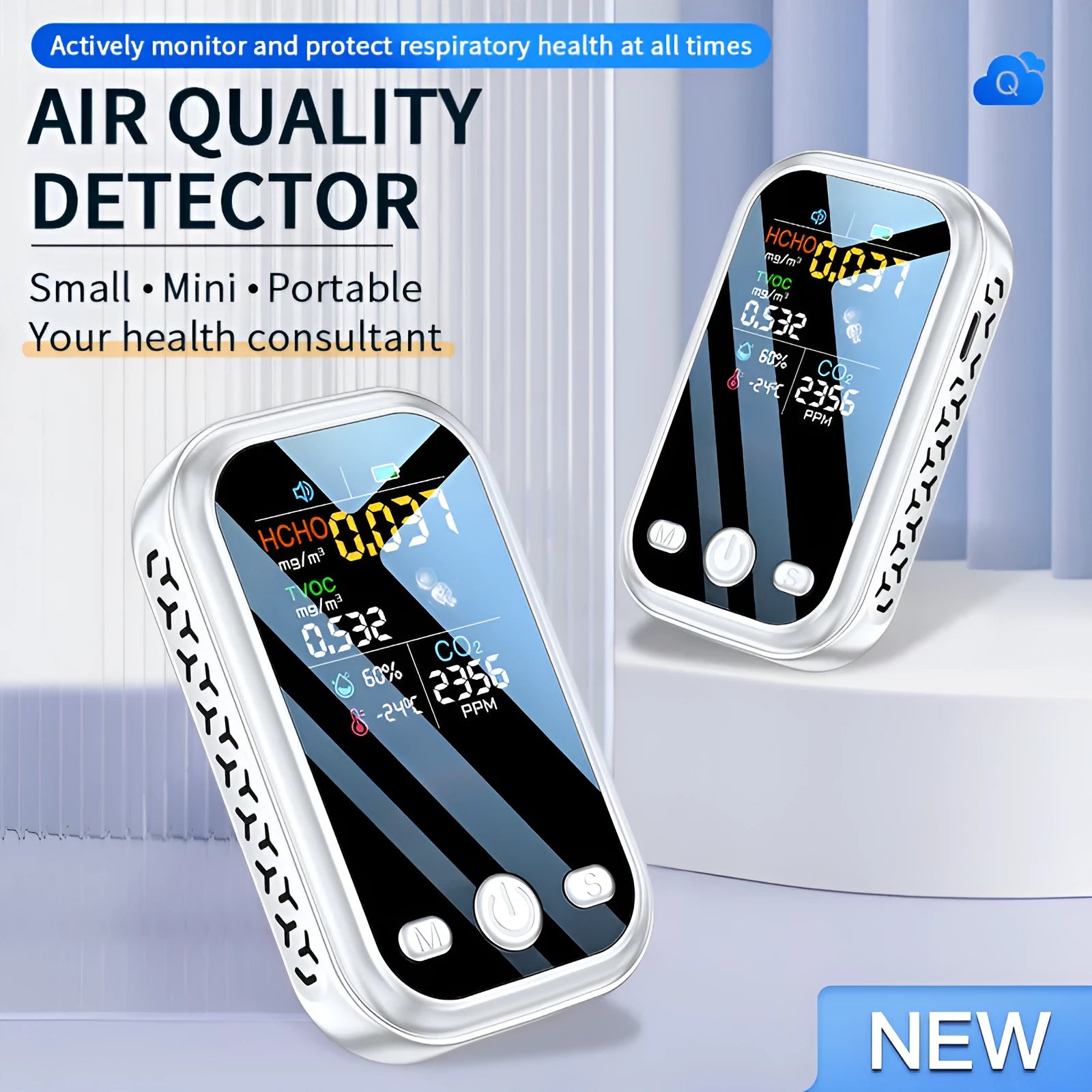 Compact handheld air quality detector measuring air quality, temperature, and humidity in black colour