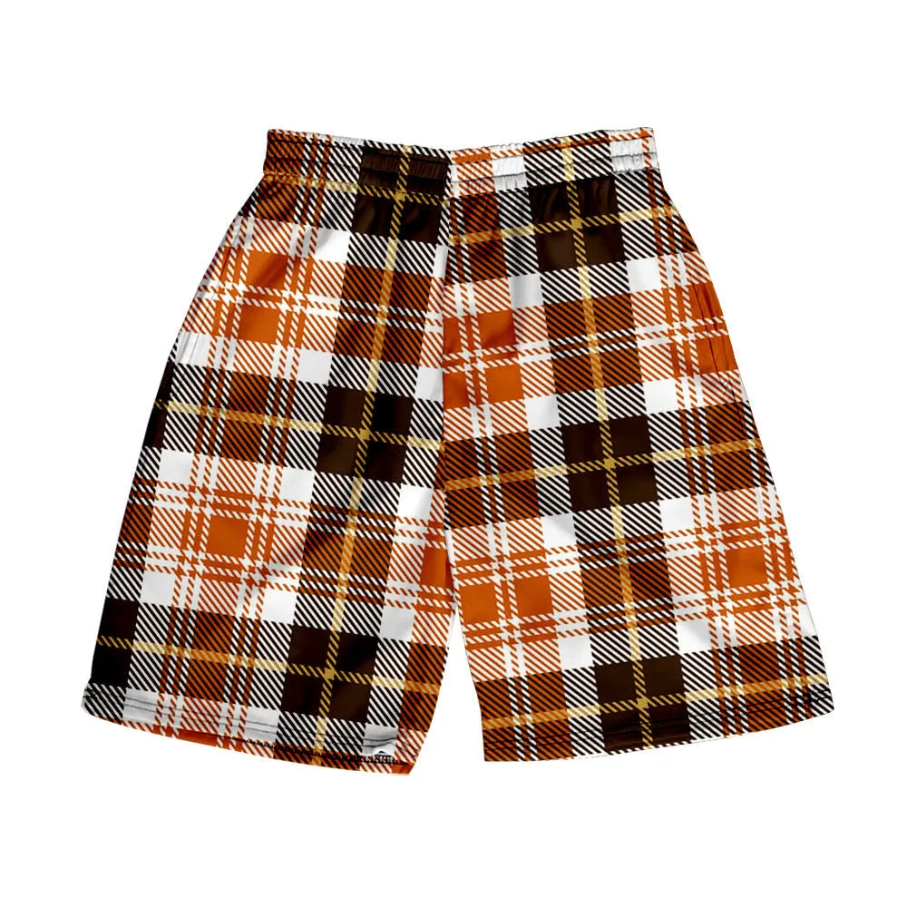 Men's straight cut plaid shorts in polyester fabric with elastic waistband