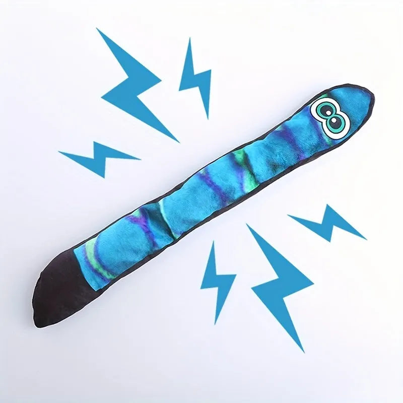 Snake-shaped plush dog squeaky toy with multicolor stripe print design