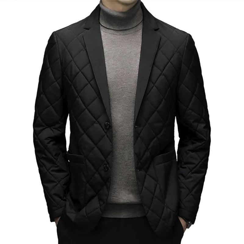 Men's black lapel cardigan style down jacket with side seam pockets, regular cut, Asian youth sizing