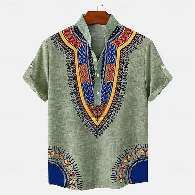 Men's striped loose fit casual shirt with personalised buttons on a hanger.