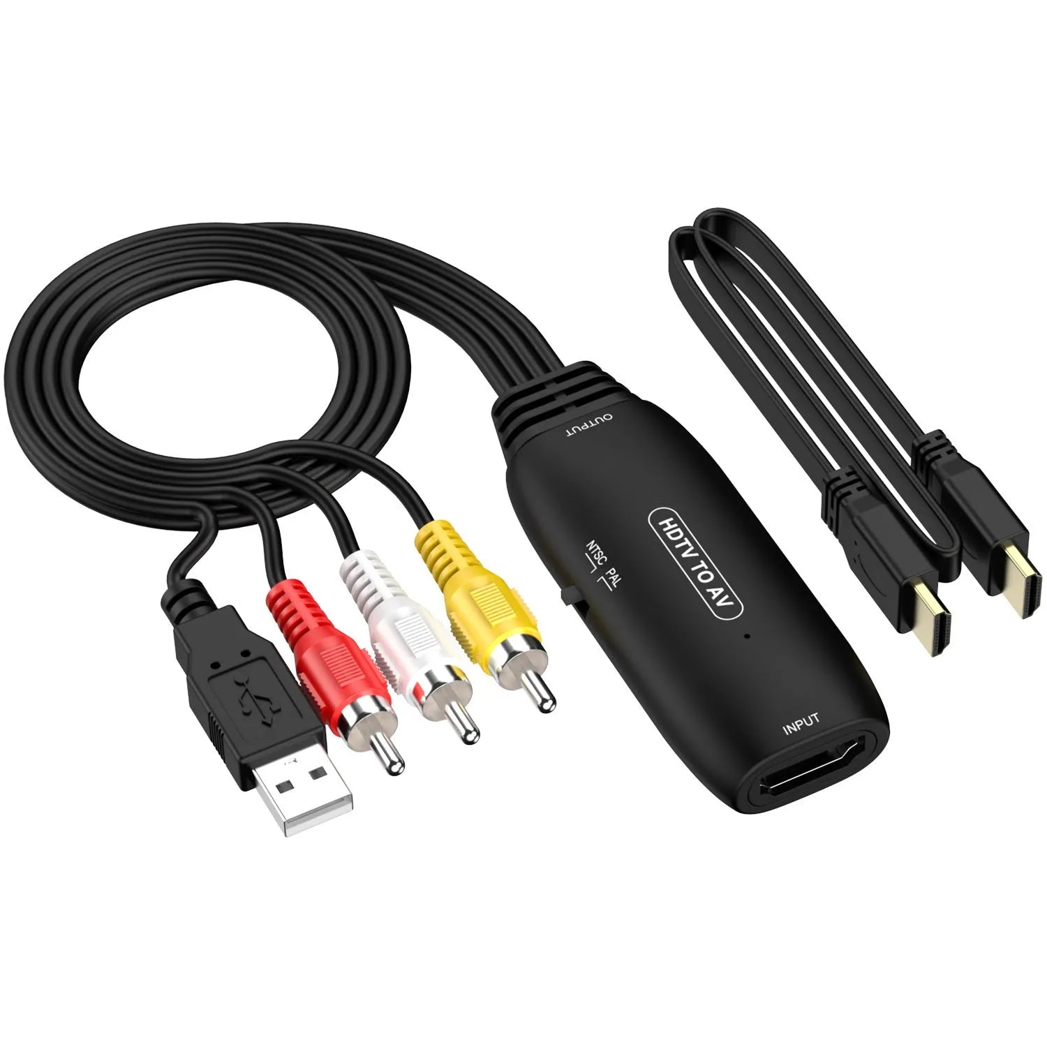 HDMI to AV converter cable with 110cm length and two adapter styles