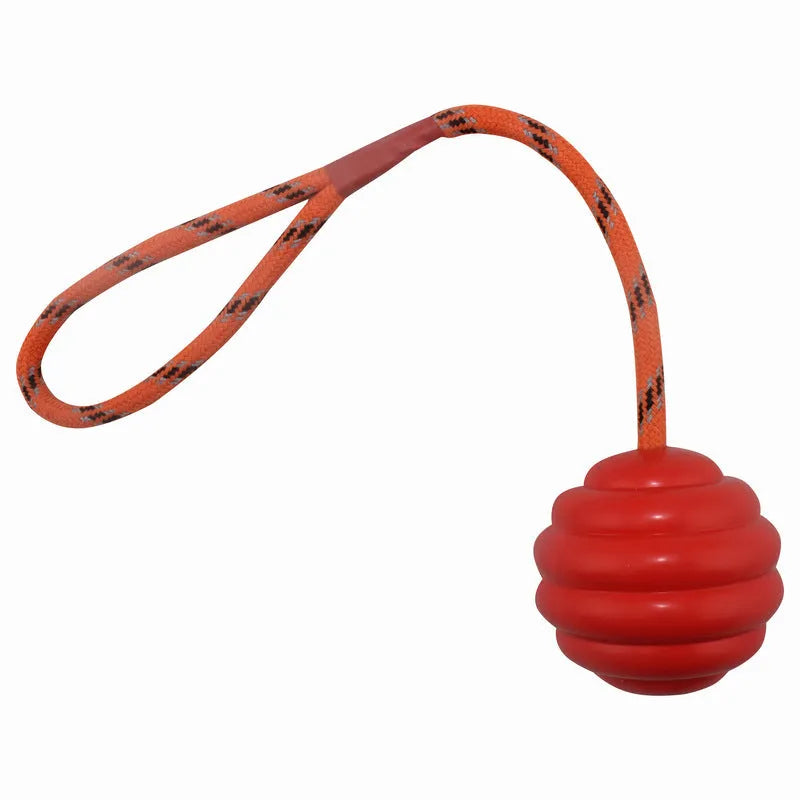 Multi-colour rubber dog toy ball with rope knot design measuring 6cm by 30cm