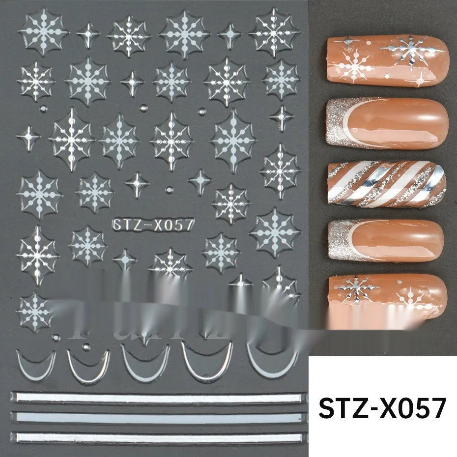 Close-up of a cartoon-style nail sticker with black and silver strips and a love pattern design on a fingernail.