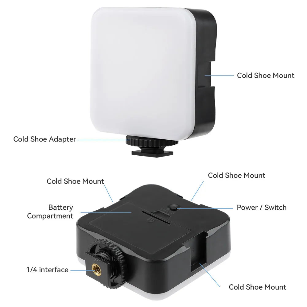 Compact square on-camera top flash unit with hot shoe mount and rotatable head.