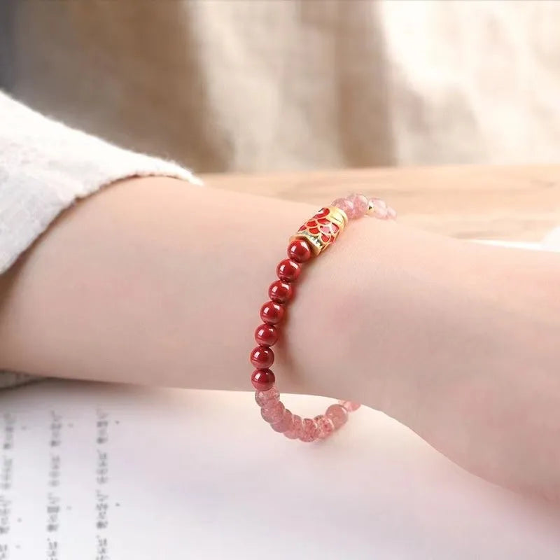 Purple cinnabar and strawberry quartz beaded bracelet with oil drip treatment for women