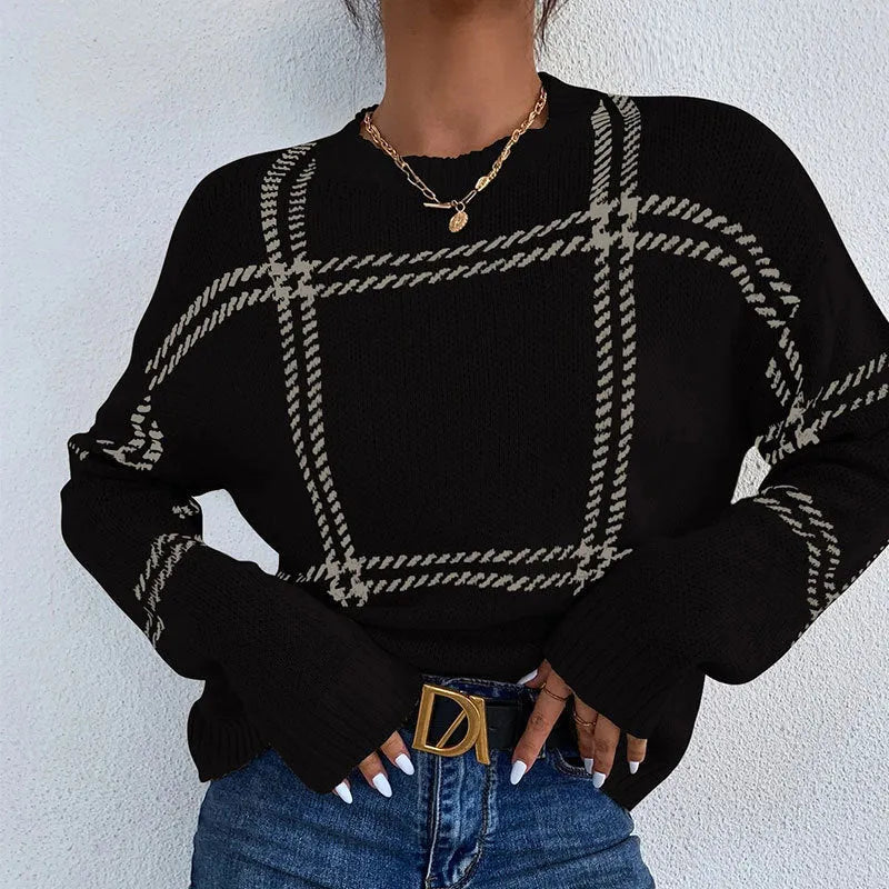 Women's loose casual plaid colour-block crew neck sweater with striped pattern