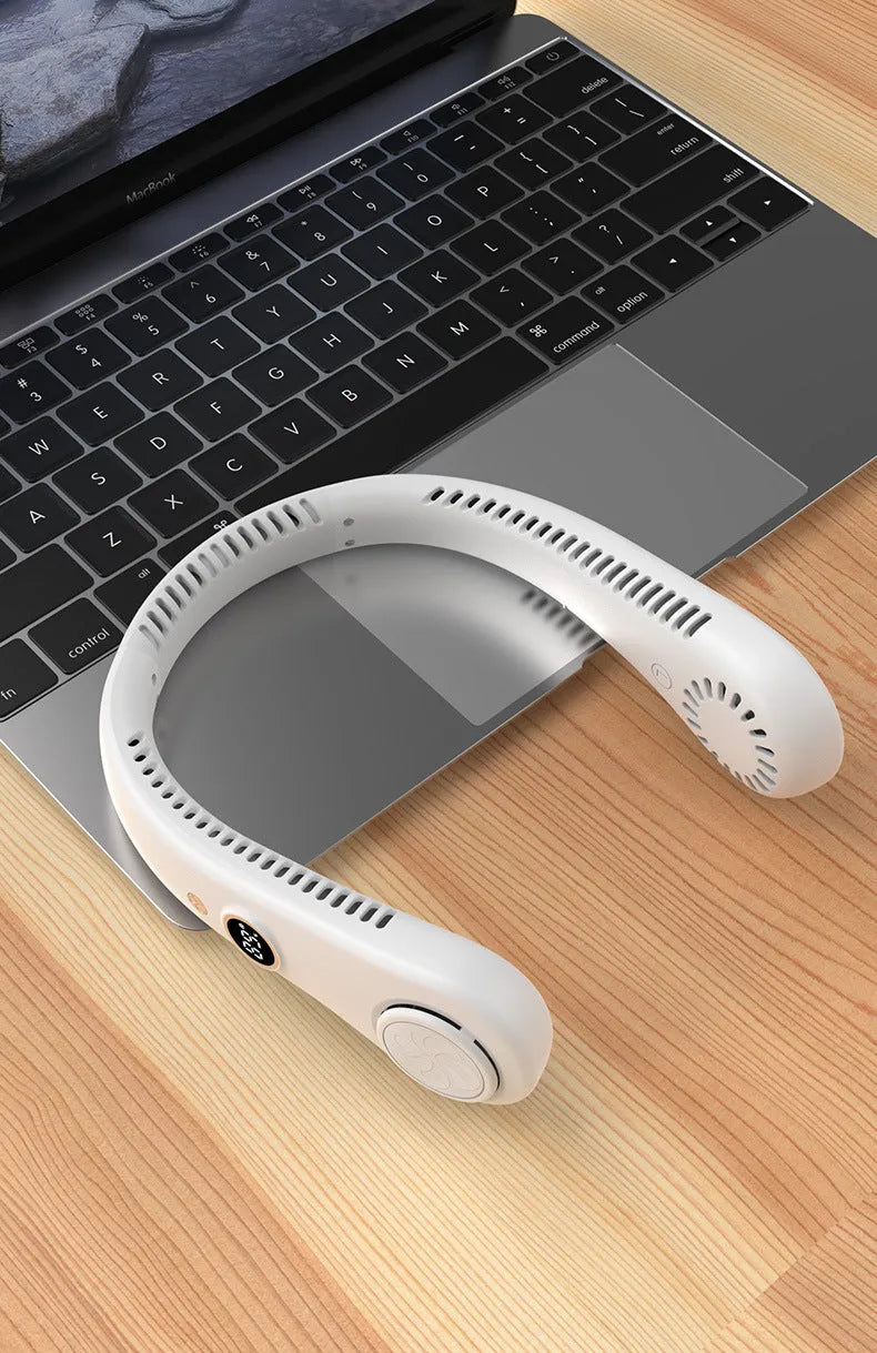 White USB rechargeable bladeless neck fan showing adjustable speed buttons and flexible neckband
