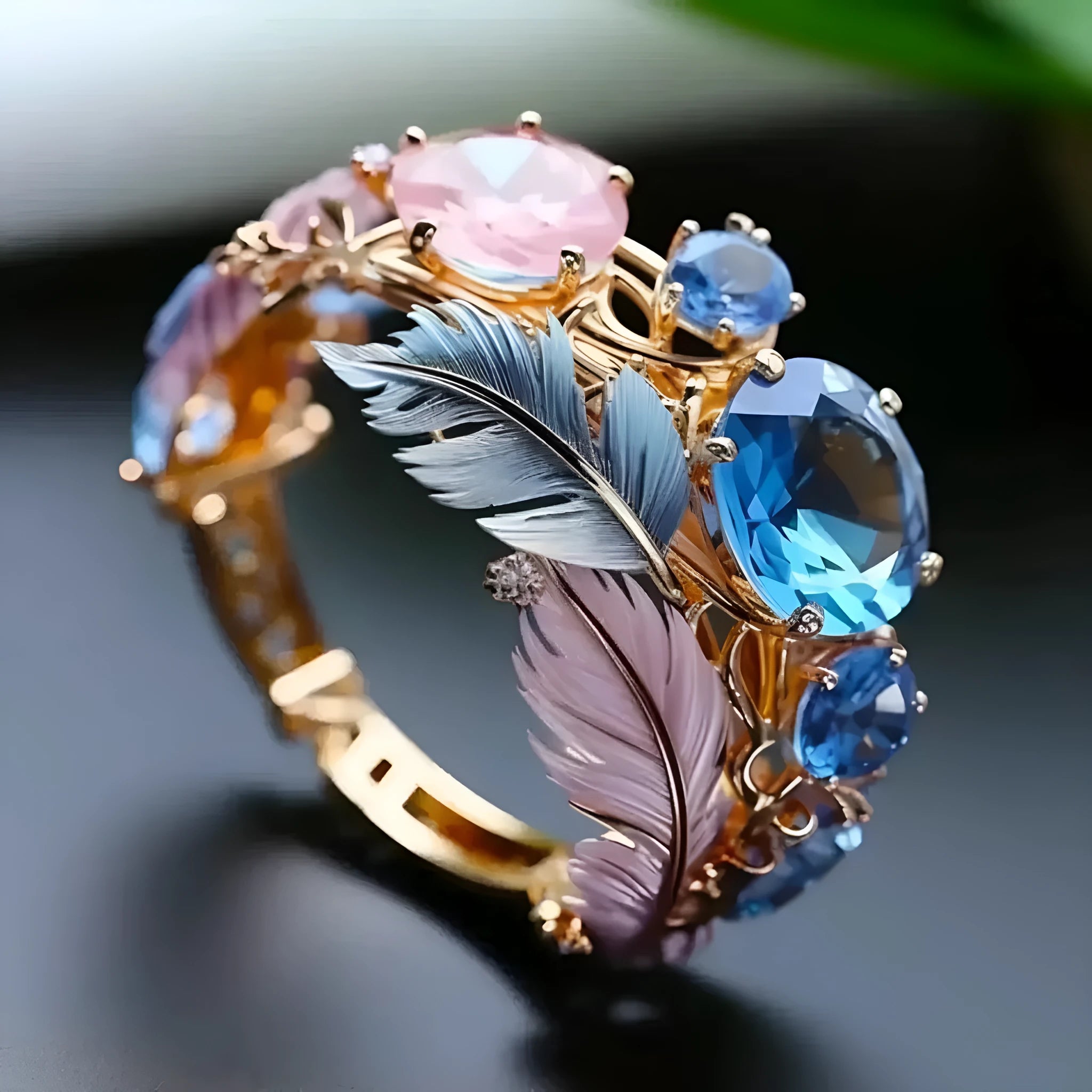 Gold coloured brass feather ring with embossed geometric design and colourful zircon inlays.