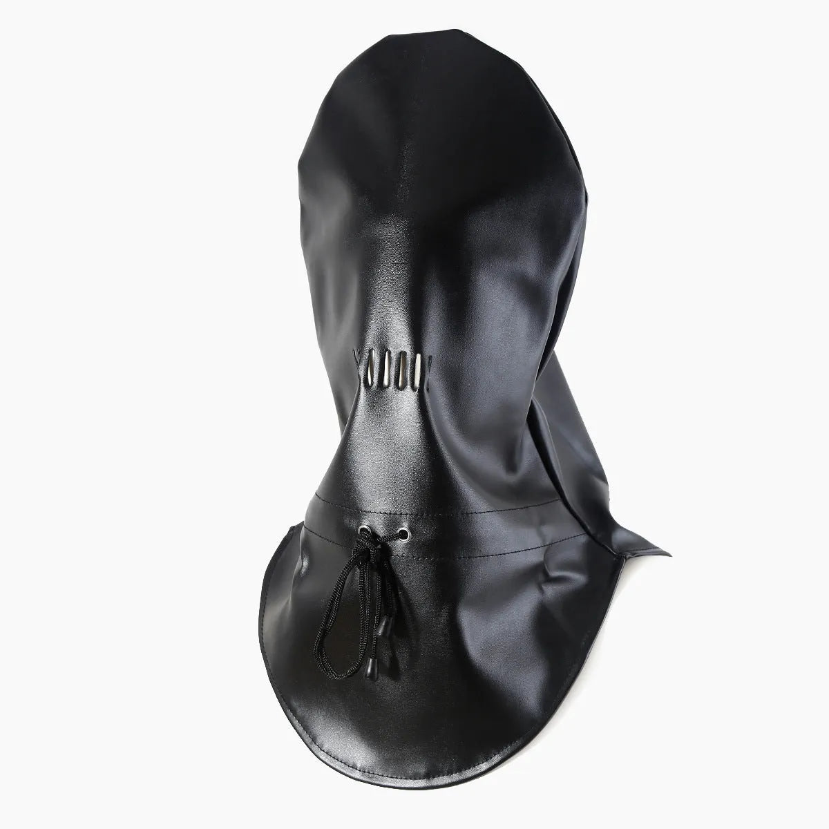 Black Pu leather BDSM mask with adjustable strap and openings for eyes and mouth.
