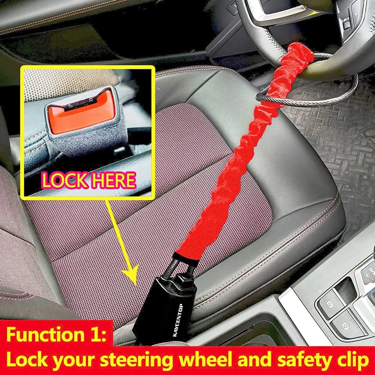 Red car steering wheel lock with wire rope security cable for General Motors vehicles