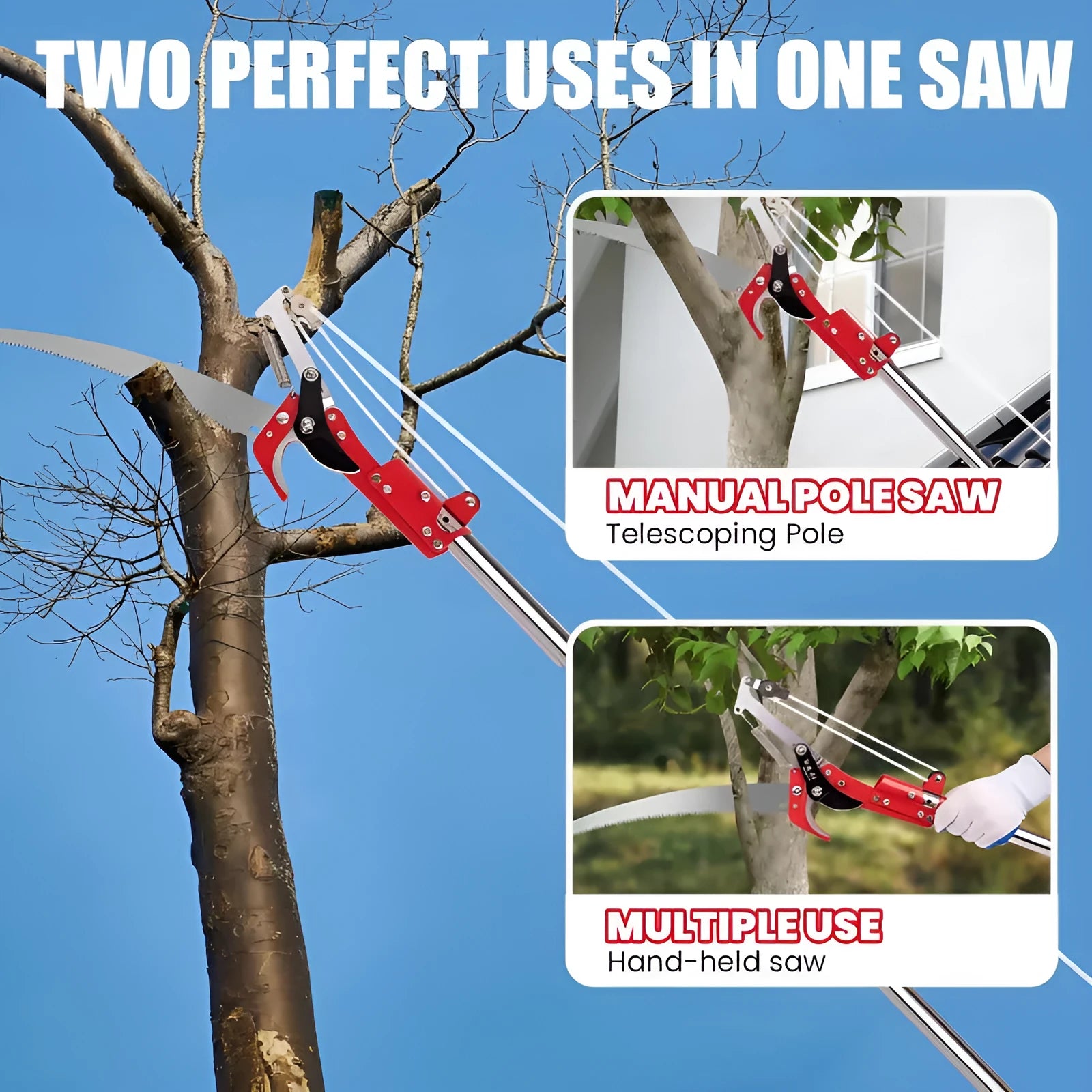 Pull rope pruning shears with 8-section metal pole extended to 3.3m for cutting high branches