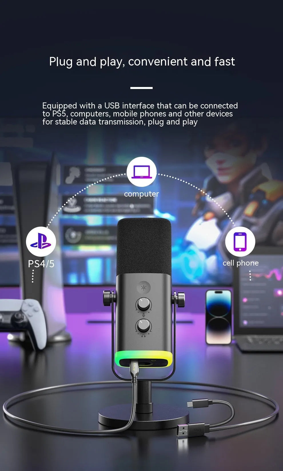 Dynamic noise reduction microphone in ABS PC housing with XLR cable and mounting bracket