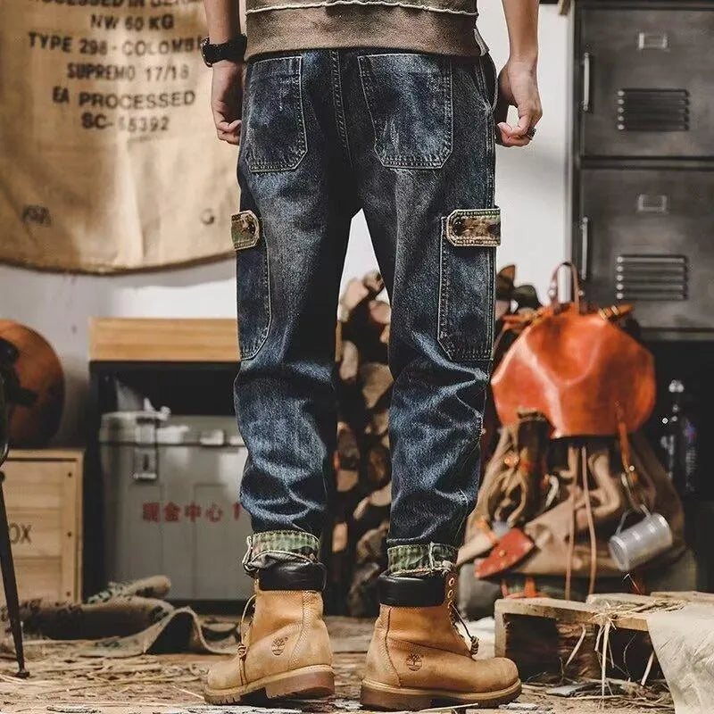 Blue heavy distressed cargo jeans for men, loose fit, mid waist, cotton denim, button fly