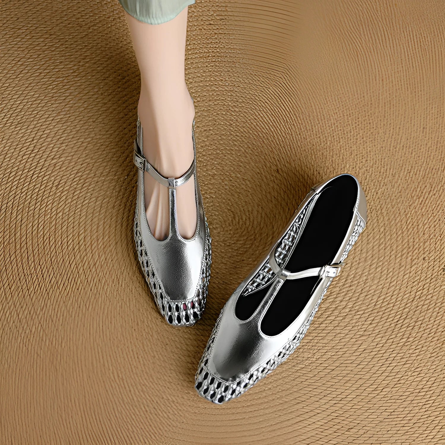 Mid heel cowhide leather Mary Jane sandals with square toe in silver, black, and white colour options