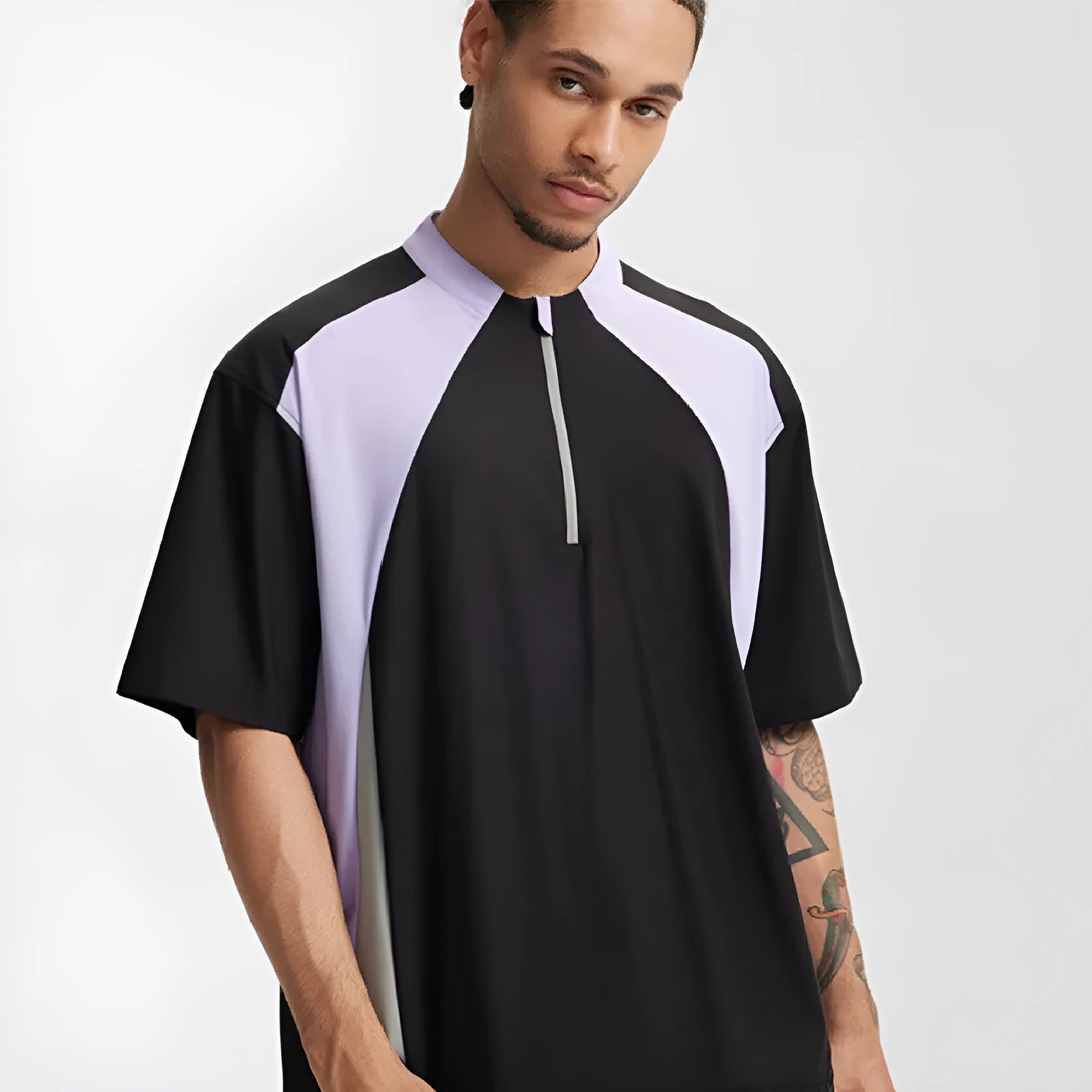 Men's solid colour lightweight polyester top with stitching detail, shown in black and beige for both long and short sleeves.