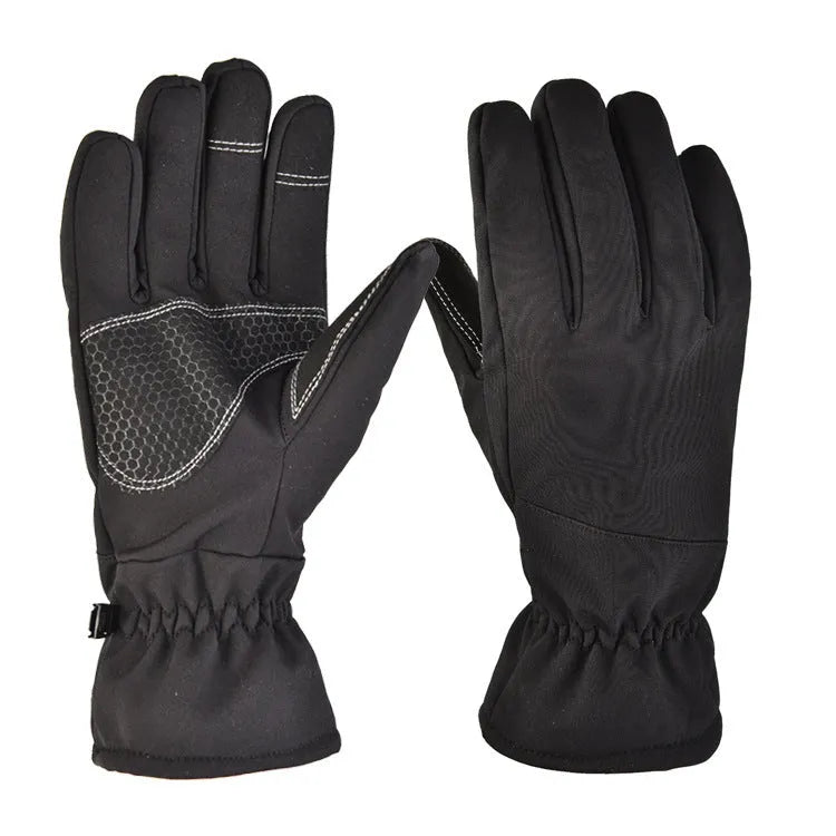 Pair of nylon tactical ski gloves in camouflage colour with anti-slip palm and touchscreen fingertips.