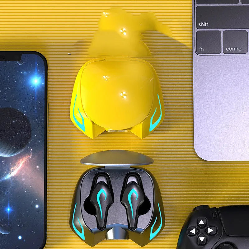 Gaming Bluetooth headset with earplug design in black, dark grey, or yellow colours