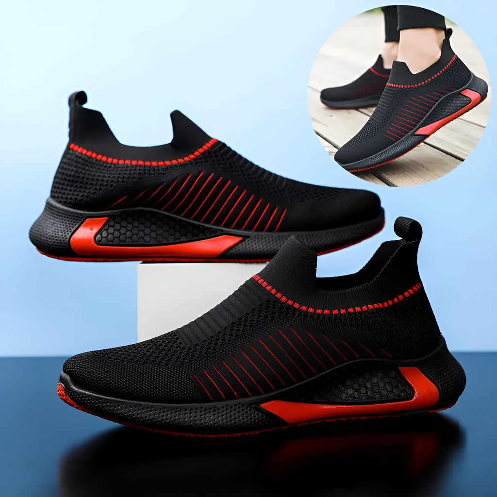 Men's low-top mesh sock sneakers with striped design and Flyknit upper.