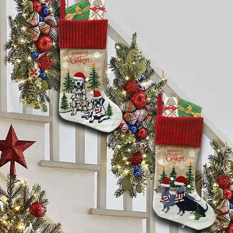 Red cloth Christmas tree pendant with white fireplace illustration, measuring 46 by 28 centimetres.