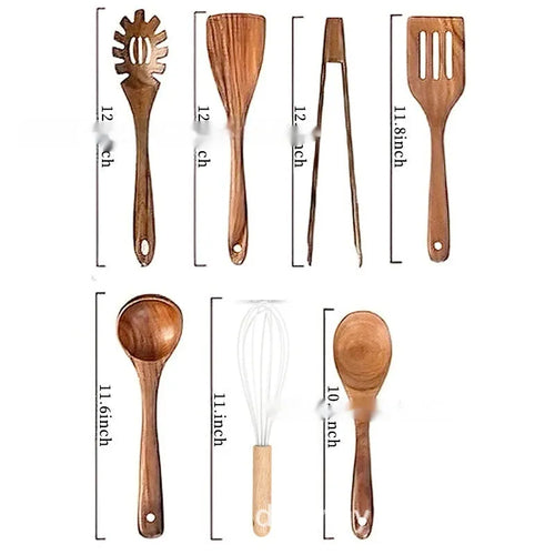 7-piece wooden kitchen utensil set with spoons and spatulas in box packaging