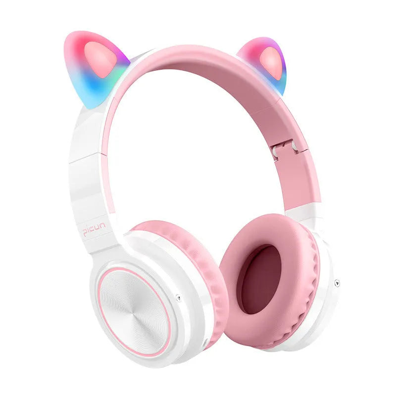 Pink white luminous Bluetooth wireless headset with 40mm speakers and braided cable