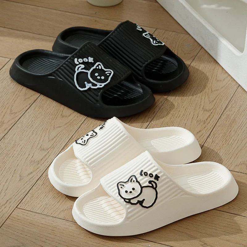 Women's thick-platform cat slippers in various colours on a non-slip EVA sole for indoor and outdoor use.