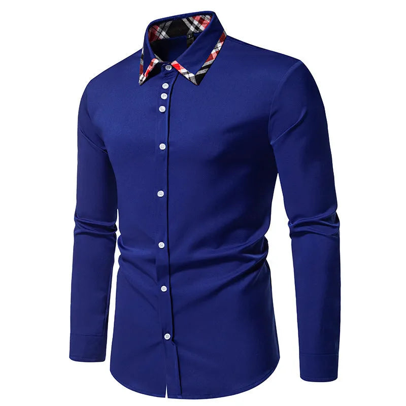 Men's plaid pattern casual shirt with triangle collar and long sleeves in polyester fibre blend fabric