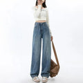 Retro blue women's wide leg jeans with high waist and straight leg styling